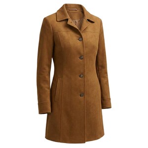 May include: A tan-coloured coat with a smooth, suede-like texture. This long-sleeved garment features a classic collar, a front button closure with four visible dark buttons, vertical seam detailing, and two side pockets on the front panel.