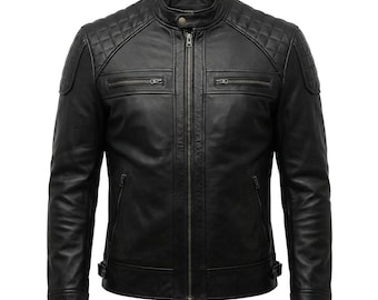 Herren Diamant gesteppte schwarze Leder Bikerjacke, handgefertigtes Schaffell Cafe Racer