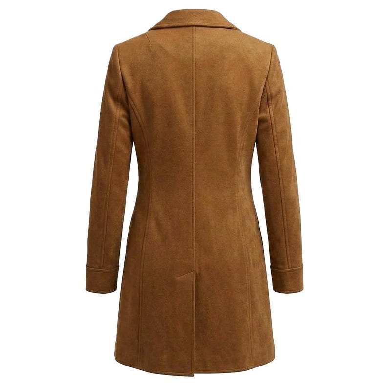 May include: A tan suede-textured coat shown from the back, featuring a structured collar, long sleeves with cuffs, and a vertical centre seam that extends down to a single vent at the hem, creating a tailored silhouette with clean lines.