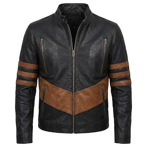 Creonetix Hub Men's Black Cafe Racer Leather Jacket, Wolverine Logan Inspired Striped Leather Jacket, Cosplay Jacket, Handmade Biker Jacket