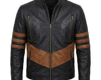 Wolverine Logan Inspired Black Leather Cafe Racer Jacket, Striped Biker Cosplay outerwear