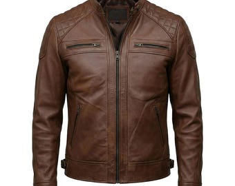Chaqueta de motociclista de cuero marrón con acolchado de rombos, estilo Cafe Racer