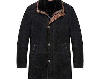 Creonetix Hub Men's Genuine Shearling Sheepskin Leather Coat, Black Long Jacket For Men, Button Closure Winter Coat, Warm Leather Coat