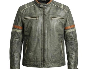May include: A distressed sage green leather jacket featuring a stand-up collar with a brown inner lining, a central zipper closure, two chest zipper pockets, two lower zipper pockets, and brown and light green horizontal stripes on the sleeves.