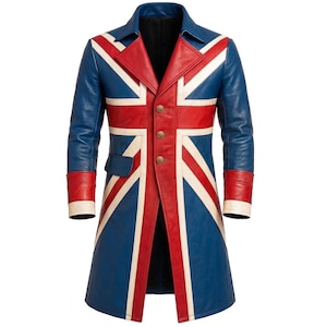 Men's Union Jack Sheepskin Leather Trench Coat | Vintage British Flag Style Jacket