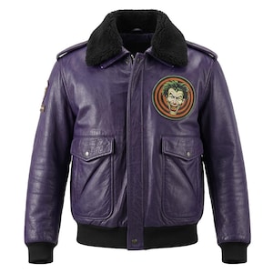 Chaqueta bomber de piel sintética morada de Batman Joker / Abrigo de aviador para hombre de Bob the Goon para cosplay de Halloween