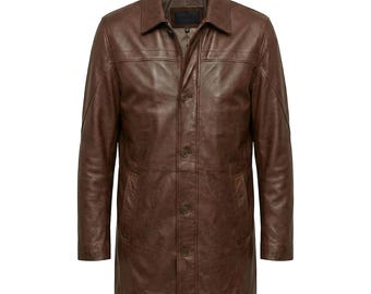 May include: A dark brown leather jacket featuring a classic collar, long sleeves, and a front button closure. The jacket has a smooth, polished finish with visible horizontal seam detailing across the chest and a straight hemline design.