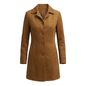 May include: A tan suede-textured coat featuring a classic collar, long sleeves with cuffs, and a front button closure with four visible buttons. The garment has a structured fit with vertical seam detailing along the front and side panels.