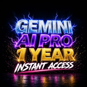 以下が含まれることがあります： 「GEMINI AI PRO 1 YEAR INSTANT ACCESS」というテキストが特徴のデジタルグラフィック。 青、紫、金などの様々な色で表現され、稲妻のエフェクトと暗い背景が特徴です。