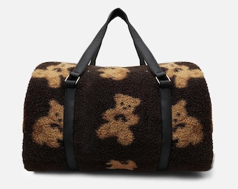 Bolsa de viaje de felpa con forma de osito de peluche - Bolsa de fin de semana extragrande de piel de oveja - Bolsa de viaje de piel sintética marrón