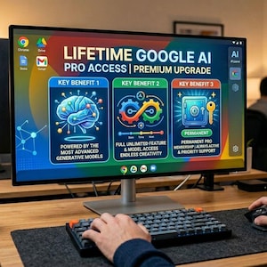 Puede incluir: Un monitor de ordenador que muestra "LIFETIME GOOGLE AI PRO ACCESS | PREMIUM UPGRADE" con tres beneficios clave: modelos generativos, creatividad sin fin y membres&iacute;a pro permanente. Un teclado, un rat&oacute;n y una taza est&aacute;n en el escritorio.