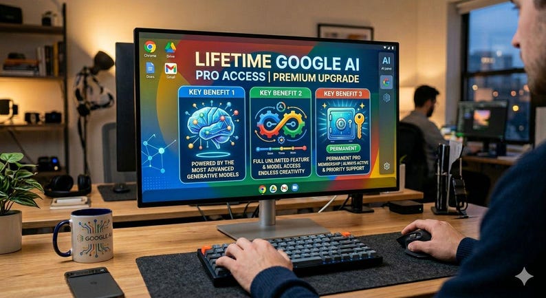 Puede incluir: Un monitor de ordenador que muestra "LIFETIME GOOGLE AI PRO ACCESS | PREMIUM UPGRADE" con tres beneficios clave: modelos generativos, creatividad sin fin y membres&iacute;a pro permanente. Un teclado, un rat&oacute;n y una taza est&aacute;n en el escritorio.