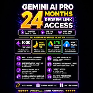 Puede incluir: Un gráfico digital para Gemini AI Pro 24 Months Redeem Link Access. Enumera características que incluyen 1000 créditos Veo, Nano Banana Pro, 5 TB de almacenamiento en Google Drive y varias herramientas de IA para investigación y edición.