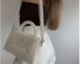 Bolso de noche con perlas y cuentas: bolso de mano de lujo con asa superior y correa cruzada desmontable.