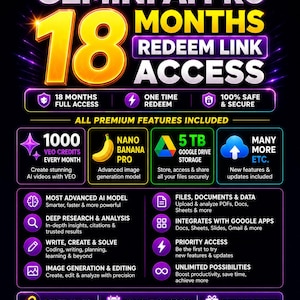 Puede incluir: Gr&aacute;fico promocional de Gemini AI Pro, con el texto "18 Meses de Acceso" en grandes n&uacute;meros amarillos. El dise&ntilde;o incluye iconos y texto que resaltan caracter&iacute;sticas como la creaci&oacute;n de videos con IA, la generaci&oacute;n avanzada de im&aacute;genes y 5 TB de almacenamiento en Google Drive.