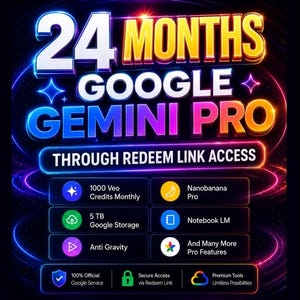 Op de afbeelding: Een digitale afbeelding die 24 maanden toegang tot Google Gemini Pro via een inwisselbare link promoot. De tekst bevat neon-stijl letters tegen een donkere achtergrond met gloeiende lichtringen. Het toont functies zoals 1000 Veo-credits, 5 TB opslag, Nanobanana Pro, Notebook LM, Anti Gravity en andere pro-tools.