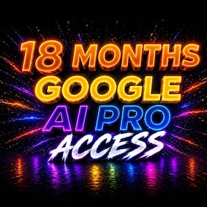 May include: A digital graphic on a black background with the words "18 MONTHS GOOGLE AI PRO ACCESS" in vibrant, glowing colours. The text has a 3D effect with a reflective surface, and colourful light bursts emanate from behind the words.