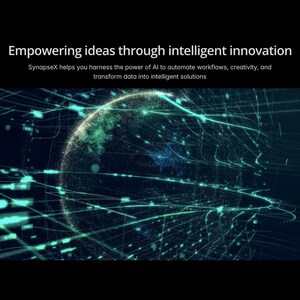 May include: A digital illustration with a dark background features a glowing sphere composed of green and blue particles, overlaid with interconnected lines. Text at the top reads "Empowering ideas through intelligent innovation."