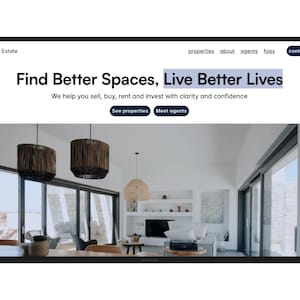 Peut inclure: Interface d'un site web pour Elevate Estate, avec le texte "Find Better Spaces, Live Better Lives". Le site propose des services de vente, de location et d'investissement immobilier. L'image montre un intérieur moderne avec de grandes fenêtres et un éclairage décoratif.