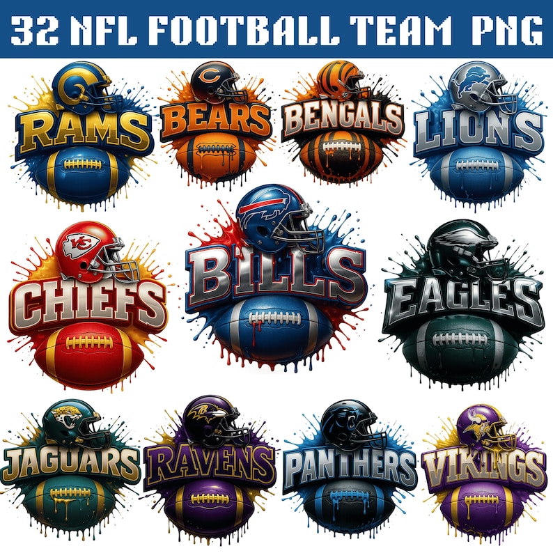 May include: A digital graphic featuring logos of NFL football teams, including the Rams, Bears, Bengals, Lions, Chiefs, Bills, Eagles, Jaguars, Ravens, Panthers, and Vikings. Each logo includes a team helmet and football.