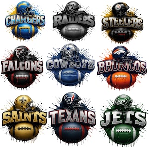 May include: Nine logos of American football teams, each featuring a helmet, football, and team name. Teams include Chargers, Raiders, Steelers, Falcons, Cowboys, Broncos, Saints, Texans, and Jets. Each logo has a unique color scheme and splash effect.