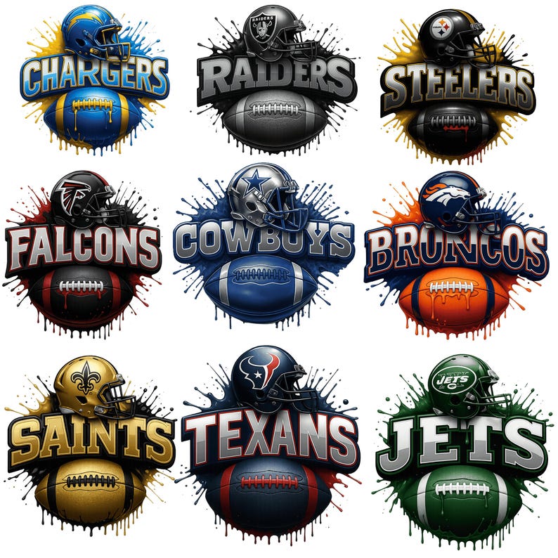 May include: Nine logos of American football teams, each featuring a helmet, football, and team name. Teams include Chargers, Raiders, Steelers, Falcons, Cowboys, Broncos, Saints, Texans, and Jets. Each logo has a unique color scheme and splash effect.