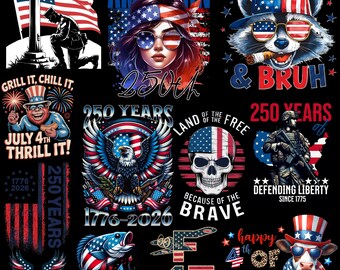 4th of July PNG Bundle, 250th Anniversary Patriotic Clipart, Independence Day Sublimation, USA Flag Instant Download