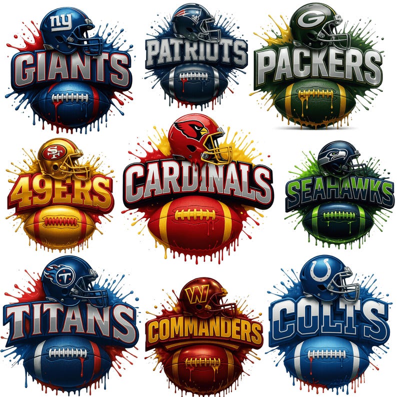 May include: Nine colorful logos of American football teams, each featuring a helmet, football, and team name. Teams include Giants, Patriots, Packers, 49ers, Cardinals, Seahawks, Titans, Commanders, and Colts.
