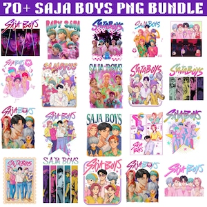 Puede incluir: Un conjunto de gráficos PNG coloridos con el texto "SAJA BOYS". Las imágenes muestran ilustraciones de personajes de estilo anime en diversas poses y estilos, perfectas para proyectos de arte digital.