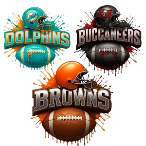 May include: Three stylized illustrations of American football team logos. The logos feature helmets, footballs, and team names: Dolphins, Buccaneers, and Browns. Each design includes a splash effect in team colors, with a white background.