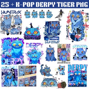 Puede incluir: Una colección de ilustraciones de tigres de dibujos animados azules con varias poses y expresiones. Algunos tigres tienen sombreros o están rodeados de flores. El texto incluye "25 + K-POP DERPY TIGER PNG", "HUNTRAX", "DERPY" y "KPOP DEMON HUNTERS".
