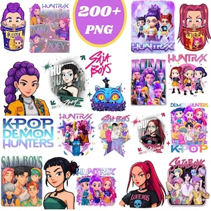 Pode incluir: Uma coleção de ilustrações digitais coloridas com personagens em estilo anime e texto. As imagens incluem as palavras "HUNTRAX", "K-POP DEMON HUNTERS", "SAJA BOYS" e "200+ PNG". Os personagens têm cabelos e roupas vibrantes.