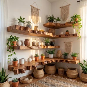 May include: A corner display featuring live-edge wooden shelves adorned with potted plants, decorative vases, and woven baskets. Macrame wall hangings add a bohemian touch. The shelves are filled with a variety of greenery and decorative items.