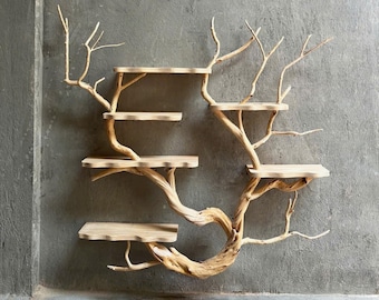 Tree branch floating bookshelf art handmade live edge wavy solid wood wall mounted shelf home decor