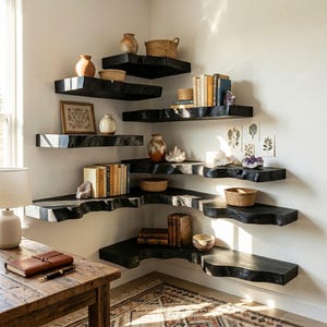 May include: A series of black, live-edge wooden corner shelves mounted on white walls. The shelves are arranged in a staggered formation and hold various decorative items including ceramic vases, woven baskets, books, and crystal clusters.