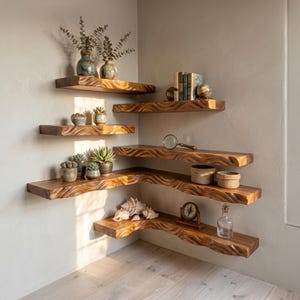May include: A set of five wooden corner shelves with a natural, wavy edge design. The shelves are filled with decorative items like vases, books, succulents, and a seashell. The shelves are mounted on a light-colored wall.