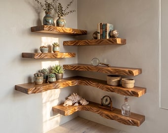 Live edge corner floating shelf unique wavy solid wood entryway wall mounted shelves hanging bookshelf
