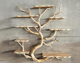 Prateleira flutuante de galhos de árvore, arte artesanal, borda natural, exclusiva, prateleiras onduladas de madeira maciça para exibição em decoração de parede.