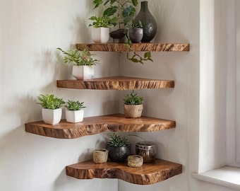 Wavy floating shelf corner unique rustic live edge wall mounted shelves art display solid wood bookshelf decor home