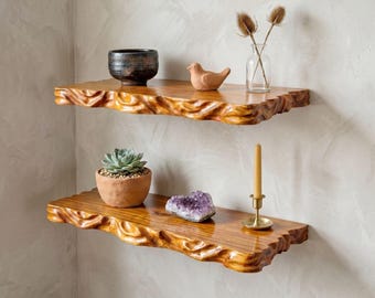 Live edge floating shelf solid wood wall shelves rustic bookshelf art decor display rack