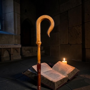 May include: A tall, light brown wooden shepherd's crook with a curved top handle and a smooth, polished finish, positioned vertically in front of an open, aged book with visible text and a single lit white candle resting on the pages.