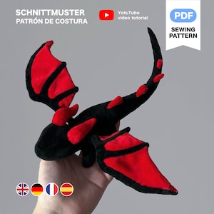 Patrón de costura y tutorial de peluche de dragón pequeño de 28 cm (inglés/español/alemán/francés)