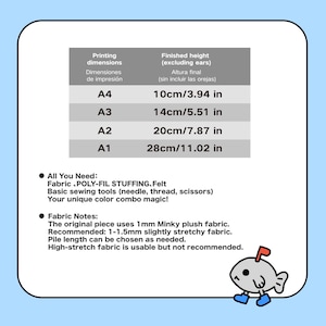K&ouml;nnte beinhalten: Hellblaue Grafik mit Text und einer Cartoon-Fisch-Illustration. Der Text enth&auml;lt Druckma&szlig;e und Endh&ouml;hen f&uuml;r die Gr&ouml;&szlig;en A4, A3, A2 und A1, mit Ma&szlig;en in cm und Zoll. Zus&auml;tzlicher Text listet ben&ouml;tigte Materialien und Stoffnotizen auf.