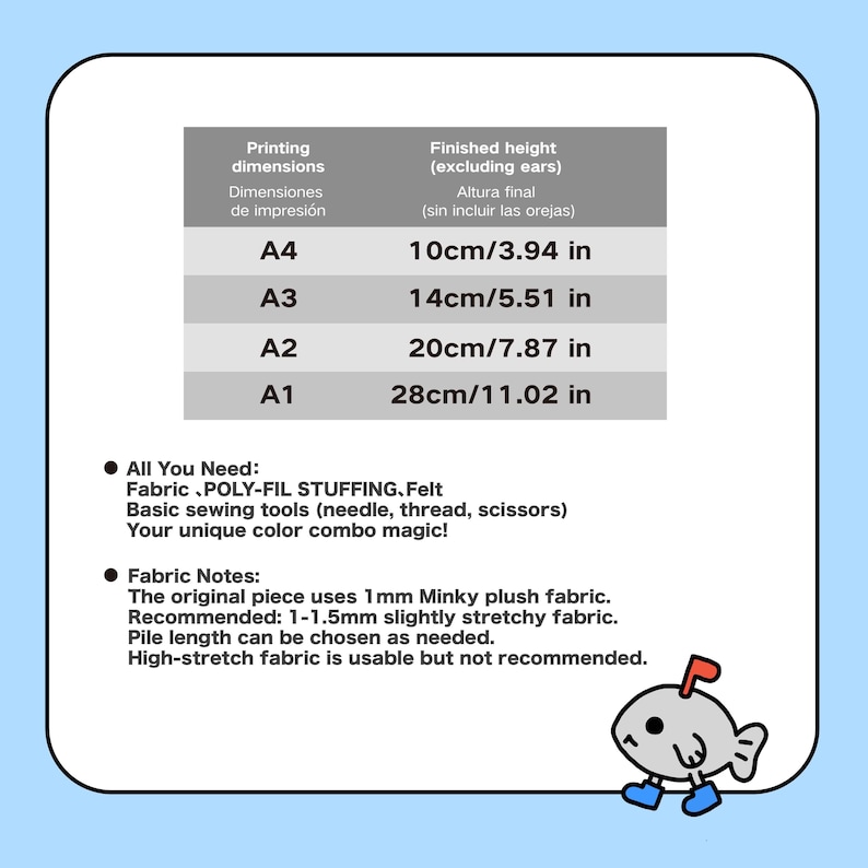K&ouml;nnte beinhalten: Hellblaue Grafik mit Text und einer Cartoon-Fisch-Illustration. Der Text enth&auml;lt Druckma&szlig;e und Endh&ouml;hen f&uuml;r die Gr&ouml;&szlig;en A4, A3, A2 und A1, mit Ma&szlig;en in cm und Zoll. Zus&auml;tzlicher Text listet ben&ouml;tigte Materialien und Stoffnotizen auf.