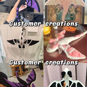 Peut inclure: Un collage de jouets dragons en peluche faits &agrave; la main de diff&eacute;rentes couleurs. Un dragon est noir avec des ailes violettes, un autre est blanc et noir, et d'autres sont roses et blancs. Le texte "Customer creations" est superpos&eacute; &agrave; l'image.