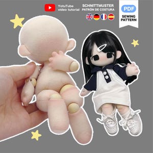 Patrón de costura y tutorial para muñeco de peluche articulado de 17 cm (inglés, español, alemán y francés)