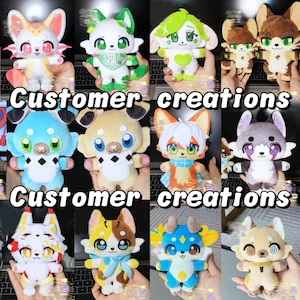 K&ouml;nnte beinhalten: Eine Sammlung farbenfroher Pl&uuml;schtier-Spielzeuge, jedes mit einzigartigen Designs und Merkmalen. Die Spielzeuge werden vor einer Laptop-Tastatur gehalten. Der Text "Customer creations" wird &uuml;ber dem Bild angezeigt.