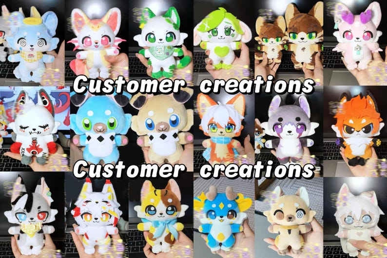 K&ouml;nnte beinhalten: Eine Sammlung farbenfroher Pl&uuml;schtier-Spielzeuge, jedes mit einzigartigen Designs und Merkmalen. Die Spielzeuge werden vor einer Laptop-Tastatur gehalten. Der Text "Customer creations" wird &uuml;ber dem Bild angezeigt.