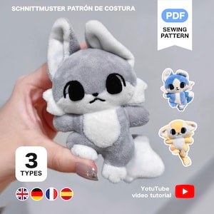 May include: A plush gray and white bunny toy with large black eyes and a small mouth. The image also shows two other plush toys, a blue and white one and a yellow and white one. The text on the image says "PDF Sewing Pattern".