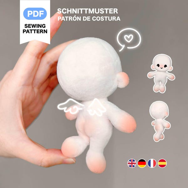 Patrón y tutorial de costura para peluche humanoide chibi de Jelly Bean (inglés/español/alemán/francés)